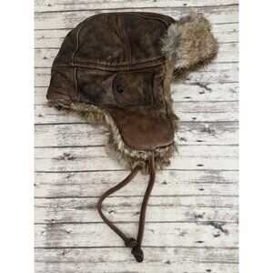 Crown Cap Vintage Cowhide Brown Leather Aviator Hat with Rabbit Canada READ LG
